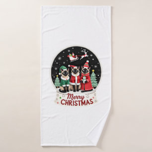 Merry Christmas Three Santa Elf Reindeer Siamese C Bath Towel