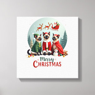 Merry Christmas Three Santa Elf Reindeer Siamese C Canvas Print