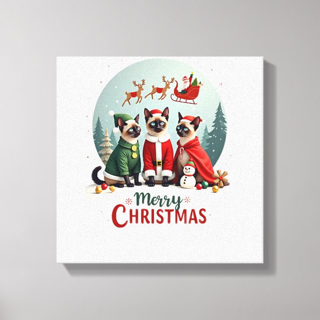 Merry Christmas Three Santa Elf Reindeer Siamese C Canvas Print (Front)