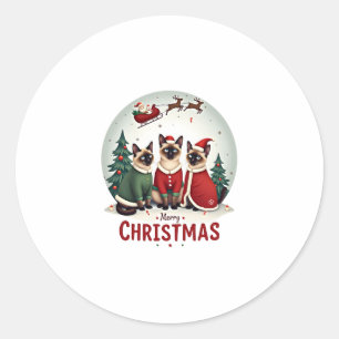 Merry Christmas Three Santa Elf Reindeer Siamese C Classic Round Sticker