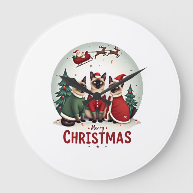 Merry Christmas Three Santa Elf Reindeer Siamese C Large Clock (Front)