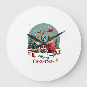 Merry Christmas Three Santa Elf Reindeer Siamese C Large Clock
