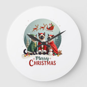 Merry Christmas Three Santa Elf Reindeer Siamese C Large Clock