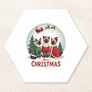Merry Christmas Three Santa Elf Reindeer Siamese C Paper Coaster