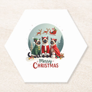 Merry Christmas Three Santa Elf Reindeer Siamese C Paper Coaster