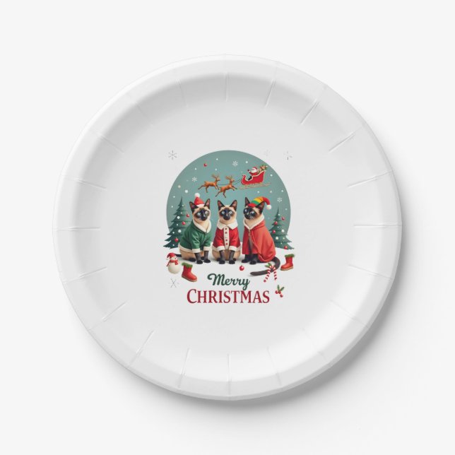 Merry Christmas Three Santa Elf Reindeer Siamese C Paper Plate (Front)