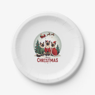 Merry Christmas Three Santa Elf Reindeer Siamese C Paper Plate