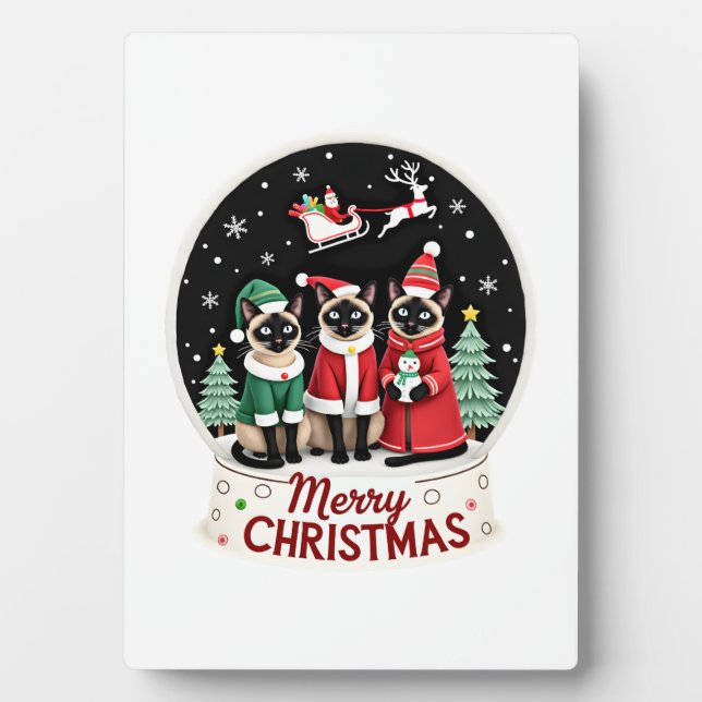 Merry Christmas Three Santa Elf Reindeer Siamese C Plaque (Front)