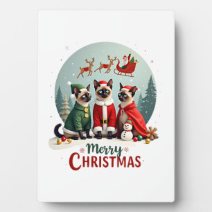 Merry Christmas Three Santa Elf Reindeer Siamese C Plaque