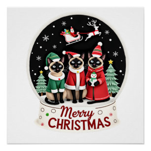 Merry Christmas Three Santa Elf Reindeer Siamese C Poster