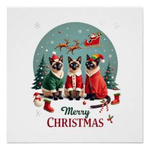 Merry Christmas Three Santa Elf Reindeer Siamese C Poster
