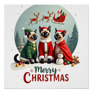 Merry Christmas Three Santa Elf Reindeer Siamese C Poster