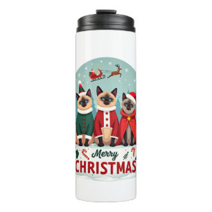 Merry Christmas Three Santa Elf Reindeer Siamese C Thermal Tumbler
