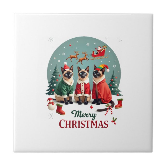 Merry Christmas Three Santa Elf Reindeer Siamese C Tile (Front)