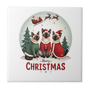 Merry Christmas Three Santa Elf Reindeer Siamese C Tile