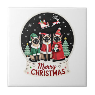 Merry Christmas Three Santa Elf Reindeer Siamese C Tile