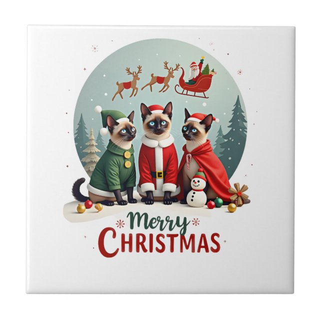 Merry Christmas Three Santa Elf Reindeer Siamese C Tile (Front)