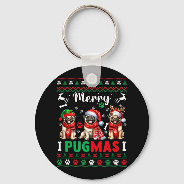 Merry Christmas Three Santa Pugs Colourful Sweater Key Ring (Front)