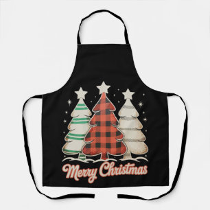 Merry Christmas Three Xmas Trees Buffalo Plaid Apron
