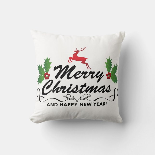 Merry Christmas Throw Pillow (A throw pillow with the words "Merry Christmas" in a decorative black font, with a red reindeer.)