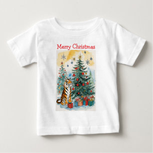 Merry Christmas Tiger With Chrismas Trees Baby T-Shirt
