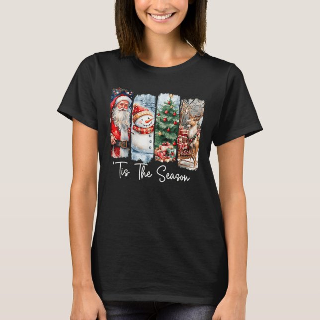 Merry Christmas Tis The Season Santa Snowman Tree  T-Shirt (Front)