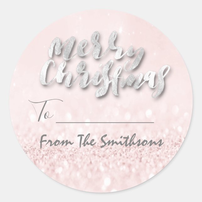 Merry Christmas To..From Family Name Holidays Pink Classic Round Sticker (Front)