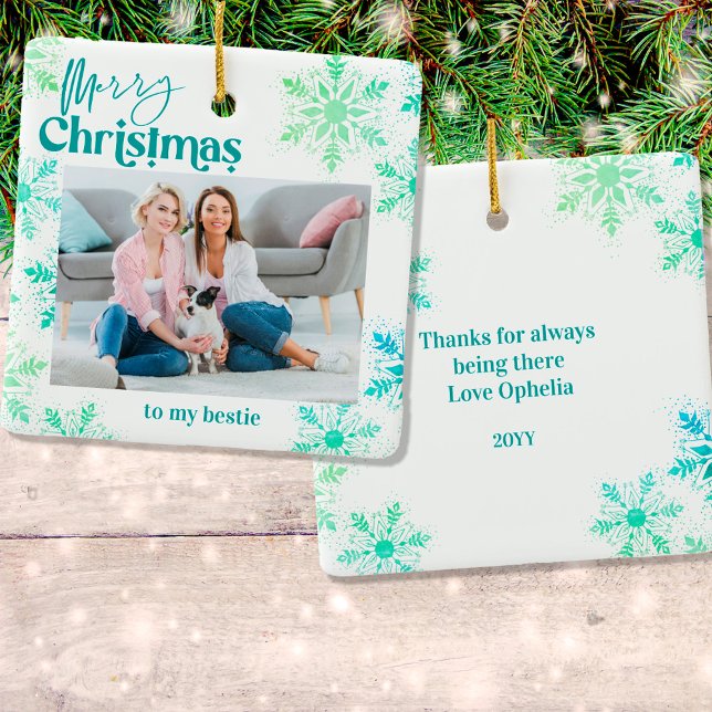 Merry Christmas to my Bestie Green Photo Ceramic Ornament (Creator Uploaded)