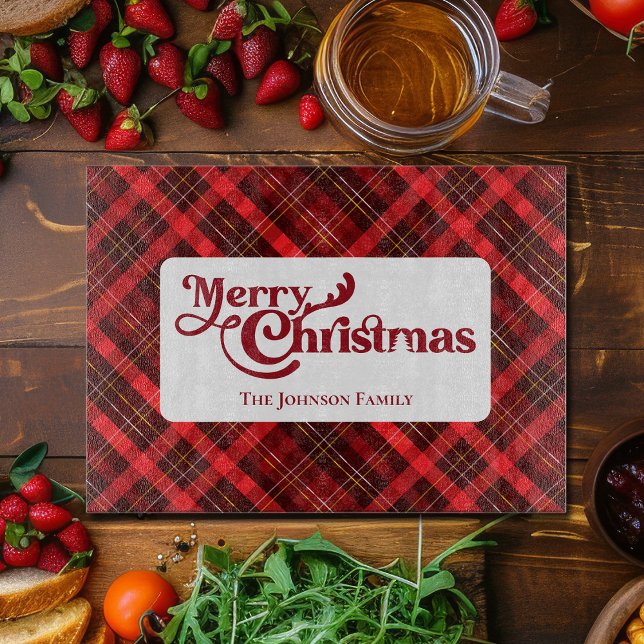 Merry Christmas Traditional Red Plaid Tartan Party Cutting Board (Creator Uploaded)