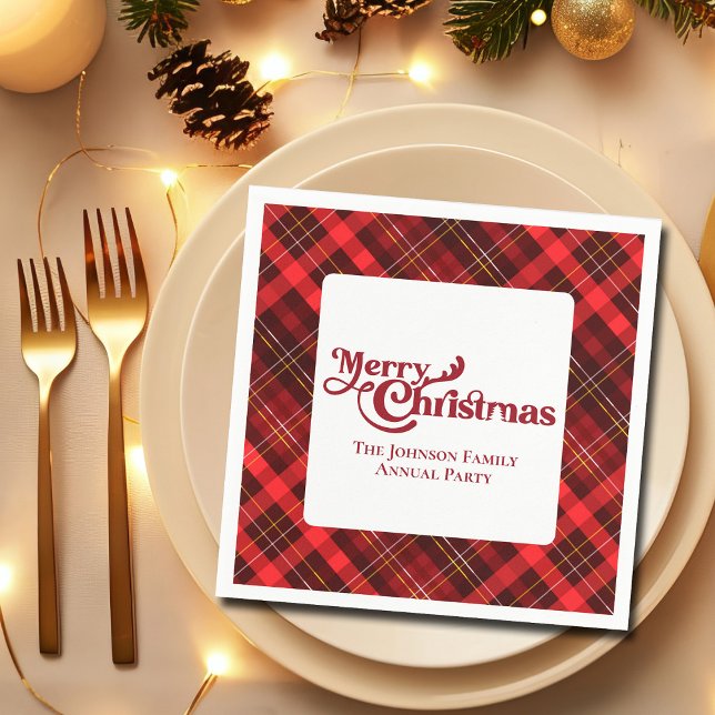 Merry Christmas Traditional Red Plaid Tartan Party Napkin (Creator Uploaded)