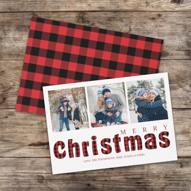 Merry Christmas Traditional Simple Buffalo Check Holiday Card (Merry Christmas red and black buffalo check typography multi photo greeting card. )