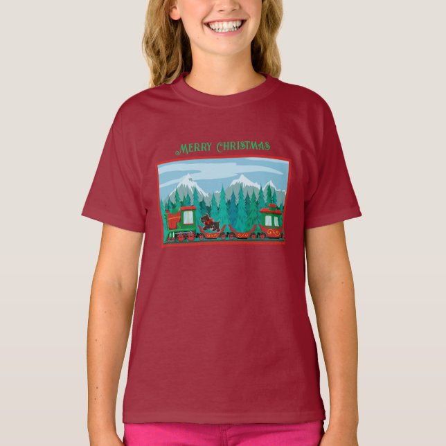 Merry Christmas Train and Scotty Dog T-Shirt (Front)