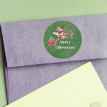 Merry Christmas Train With Santa Candy Canes Green Classic Round Sticker<br><div class="desc">This round sticker has a cute Santa Claus on board a red and white Christmas train hauling candy canes and letters to Santa on a dark green background.  Customise the Merry Christmas text with the template.</div>