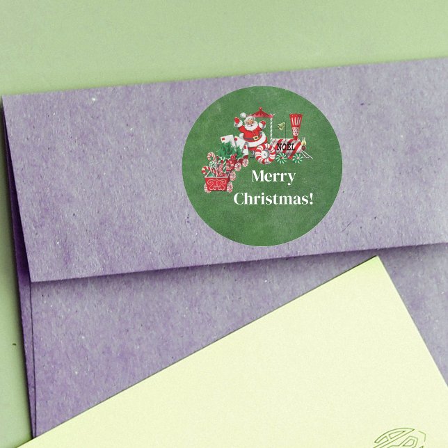 Merry Christmas Train With Santa Candy Canes Green Classic Round Sticker (Santa Claus on red white Merry Christmas train with candy and letters to Santa on Green sticker.)