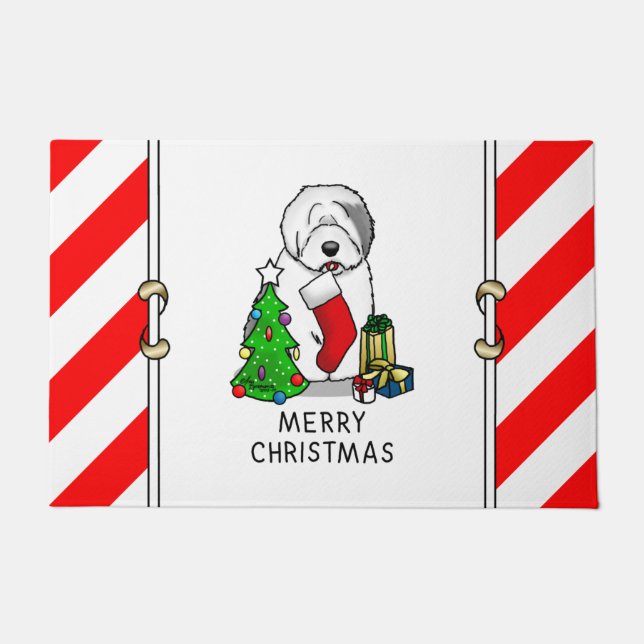 Merry Christmas Tree 2 Old English Sheepdog Grey 1 Doormat (Front)