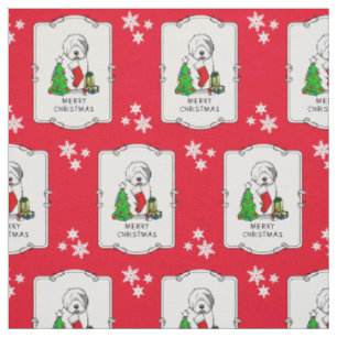 Merry Christmas Tree 2 Old English Sheepdog Grey 1 Fabric