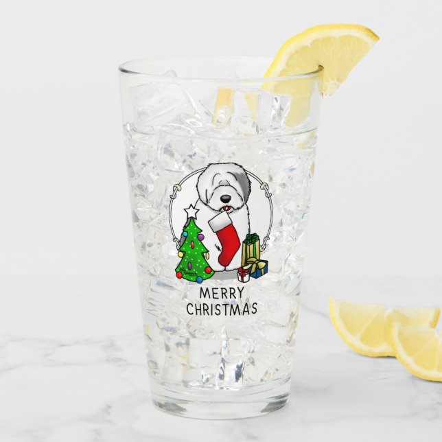Merry Christmas Tree 2 Old English Sheepdog Grey 1 Glass (Back Ice)
