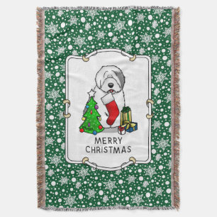 Merry Christmas Tree 2 Old English Sheepdog Grey 1 Throw Blanket