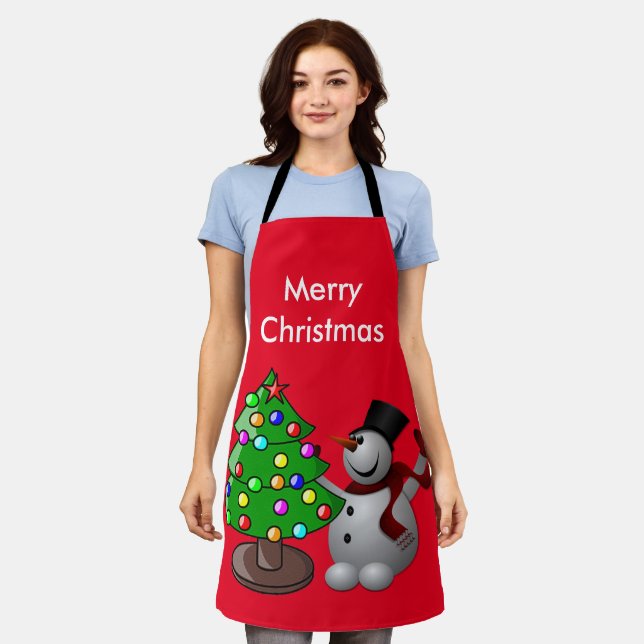 Merry Christmas Tree 3D Snowman Red Medium Apron (Worn)