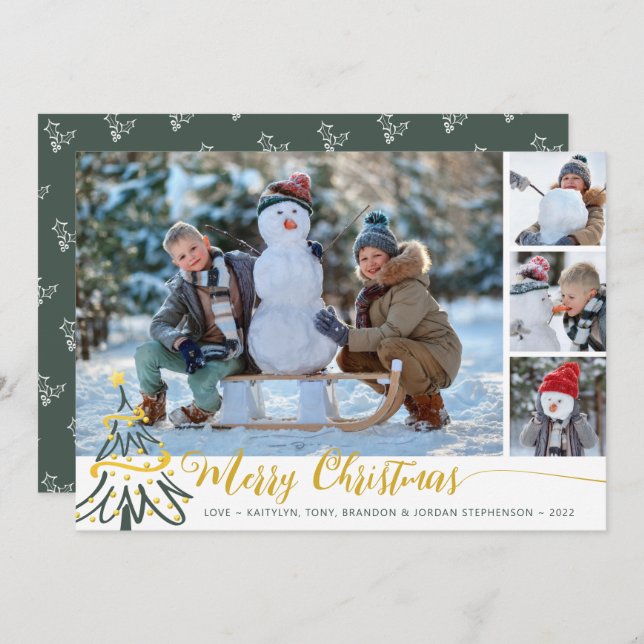 Merry Christmas Tree 4 Photo Collage Holiday Card (Front/Back)