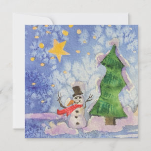 Merry Christmas Tree And Frosty Snowman Watercolor Card