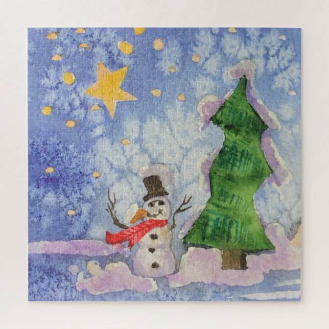 Merry Christmas Tree And Frosty Snowman Watercolor Jigsaw Puzzle (Vertical)