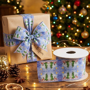Merry Christmas Tree And Frosty Snowman Watercolor Satin Ribbon