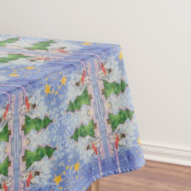 Merry Christmas Tree And Frosty Snowman Watercolor Tablecloth (In Situ)