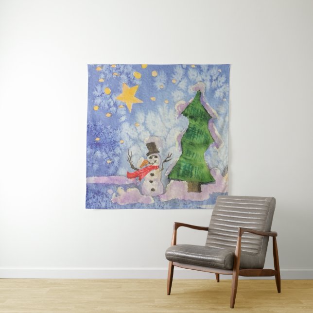 Merry Christmas Tree And Frosty Snowman Watercolor Tapestry (In Situ)