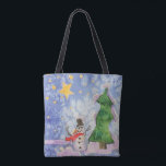 Merry Christmas Tree And Frosty Snowman Watercolor Tote Bag<br><div class="desc">Tote Bag all over print style over the shoulder style fashion statement accessory printed with Merry Christmas Tree And Frosty Snowman Watercolor painting original artwork design and select products collection by TheFabricSeal print on demand shop at Zazzle.com #ZazzleMade https://www.zazzle.com/store/thefabricseal TheFabricSeal©️Original. This cheerfully fun design image print is a hand painted...</div>
