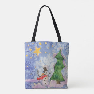 Merry Christmas Tree And Frosty Snowman Watercolor Tote Bag