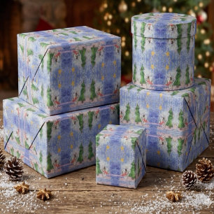Merry Christmas Tree And Frosty Snowman Watercolor Wrapping Paper