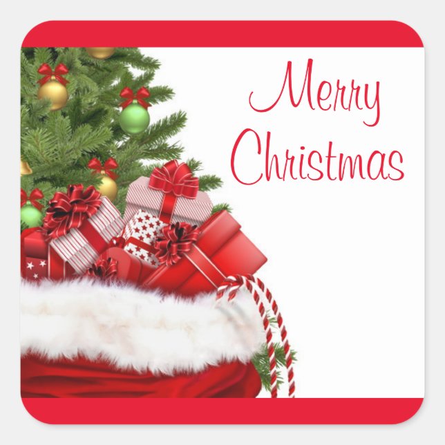 Merry Christmas Tree And Gifts Elegant Template Square Sticker (Front)