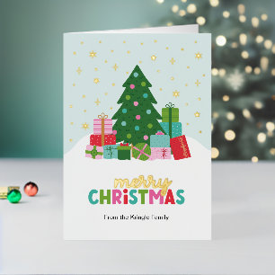 Merry Christmas Tree and Gifts in Aqua Blue Foil Holiday Card